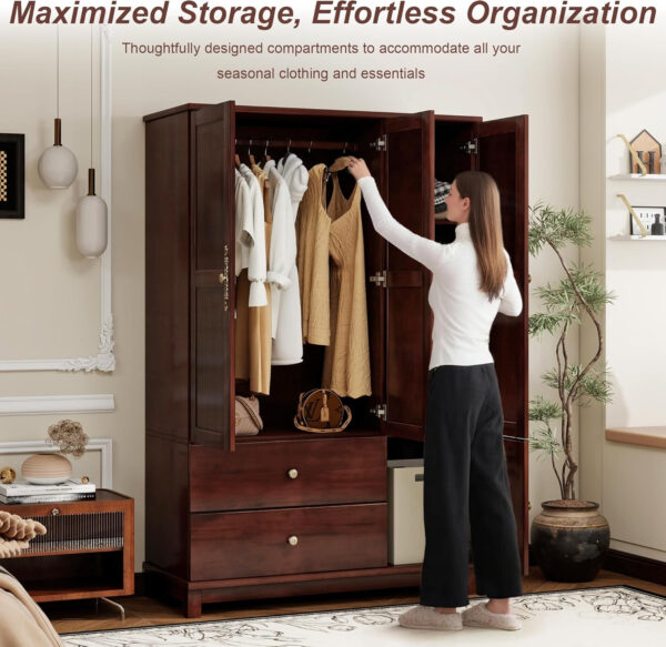 Solid Wood Armoire Wardrobe Closet, 4 Door Solid Wood Wardrobe Cabinet with 4 Drawers, Armoire Closet with Hanging Rods Storing Clothes for Bedroom (Dark Brown-7)