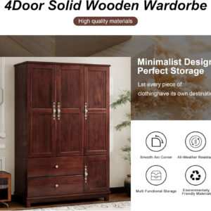 Solid Wood Armoire Wardrobe Closet, 4 Door Solid Wood Wardrobe Cabinet with 4 Drawers, Armoire Closet with Hanging Rods Storing Clothes for Bedroom (Dark Brown-7)