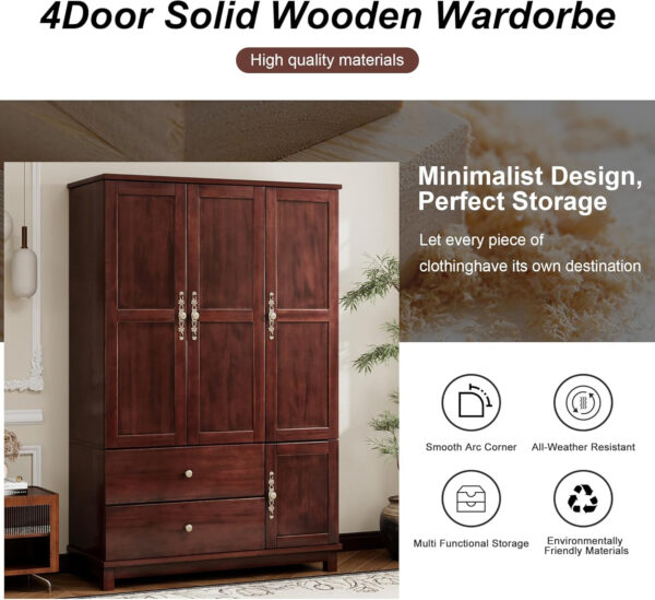 Solid Wood Armoire Wardrobe Closet, 4 Door Solid Wood Wardrobe Cabinet with 4 Drawers, Armoire Closet with Hanging Rods Storing Clothes for Bedroom (Dark Brown-7)