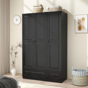 688708e0ef120bd7a5fef78c92af7da1e55bb23cbd90270452d5e.jpg Black Armoire Wardrobe Closet with 2 Drawers: Bedroom Wardrobe Closet for Hanging Clothes, Wood Cabinet for Clothes with 4 Doors, Armoire with Shelves (Black, 63")