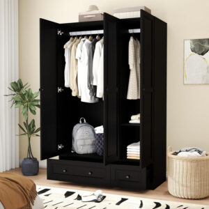 688708e30383b058c099a7880bbe91bd7b42992d8b521b1a3f474.jpg Black Armoire Wardrobe Closet with 2 Drawers: Bedroom Wardrobe Closet for Hanging Clothes, Wood Cabinet for Clothes with 4 Doors, Armoire with Shelves (Black, 63")