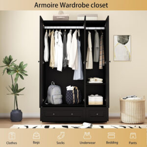 688708e5327e74f2be74aa3762557ffd04c81318841d14a6154bd.jpg Black Armoire Wardrobe Closet with 2 Drawers: Bedroom Wardrobe Closet for Hanging Clothes, Wood Cabinet for Clothes with 4 Doors, Armoire with Shelves (Black, 63")