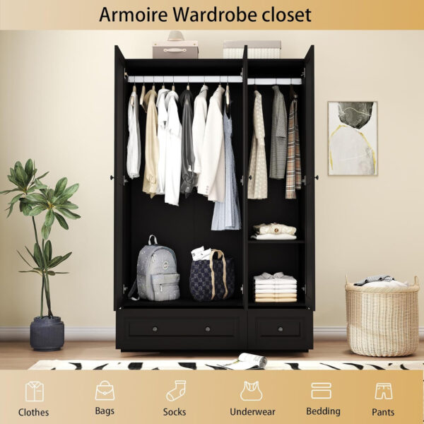 688708e5327e74f2be74aa3762557ffd04c81318841d14a6154bd.jpg Black Armoire Wardrobe Closet with 2 Drawers: Bedroom Wardrobe Closet for Hanging Clothes, Wood Cabinet for Clothes with 4 Doors, Armoire with Shelves (Black, 63")