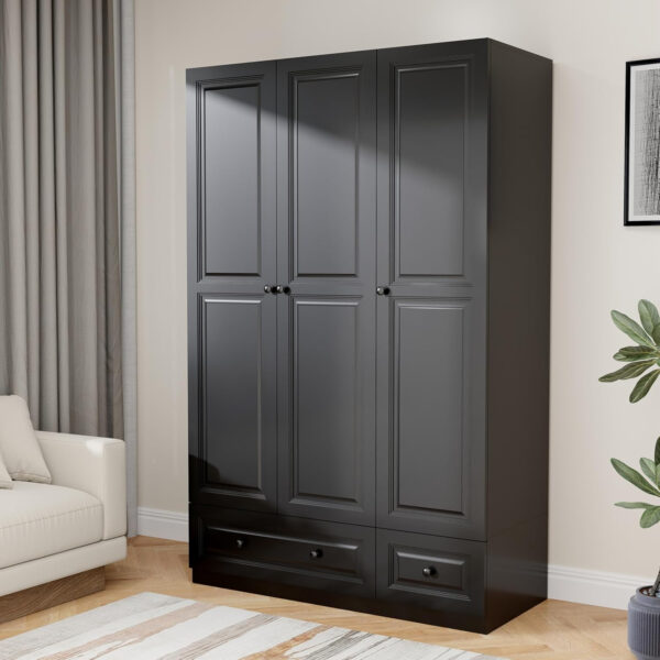 688708e6745d6c27ada55793b2e8adb4ab929f31efb5a3c883daa.jpg Black Armoire Wardrobe Closet with 2 Drawers: Bedroom Wardrobe Closet for Hanging Clothes, Wood Cabinet for Clothes with 4 Doors, Armoire with Shelves (Black, 63")