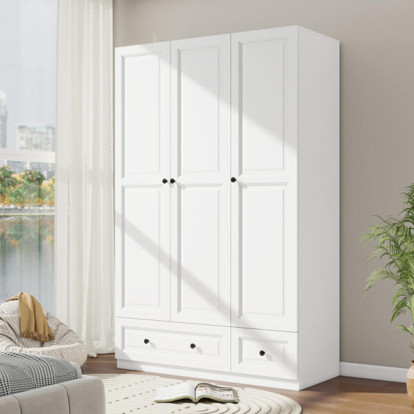 688708e788f3fa41acd2ddeb9f4e2f316b1ec2acfbb27e80d6029.jpg Black Armoire Wardrobe Closet with 2 Drawers: Bedroom Wardrobe Closet for Hanging Clothes, Wood Cabinet for Clothes with 4 Doors, Armoire with Shelves (Black, 63")