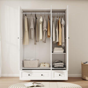 688708e9c6ea013d5bad089c856d962e0cdf5850a935d6bedbc87.jpg Black Armoire Wardrobe Closet with 2 Drawers: Bedroom Wardrobe Closet for Hanging Clothes, Wood Cabinet for Clothes with 4 Doors, Armoire with Shelves (Black, 63")