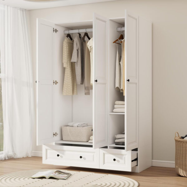 688708ead32c7c9a737f8064a09c2273961de4b8437499fa43612.jpg Black Armoire Wardrobe Closet with 2 Drawers: Bedroom Wardrobe Closet for Hanging Clothes, Wood Cabinet for Clothes with 4 Doors, Armoire with Shelves (Black, 63")