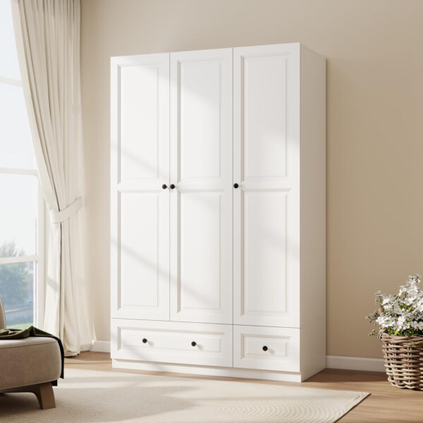 688708ebdd9baa2fbeae2f0de43b91c4547b3e593ba7dcd8ceb39.jpg Black Armoire Wardrobe Closet with 2 Drawers: Bedroom Wardrobe Closet for Hanging Clothes, Wood Cabinet for Clothes with 4 Doors, Armoire with Shelves (Black, 63")