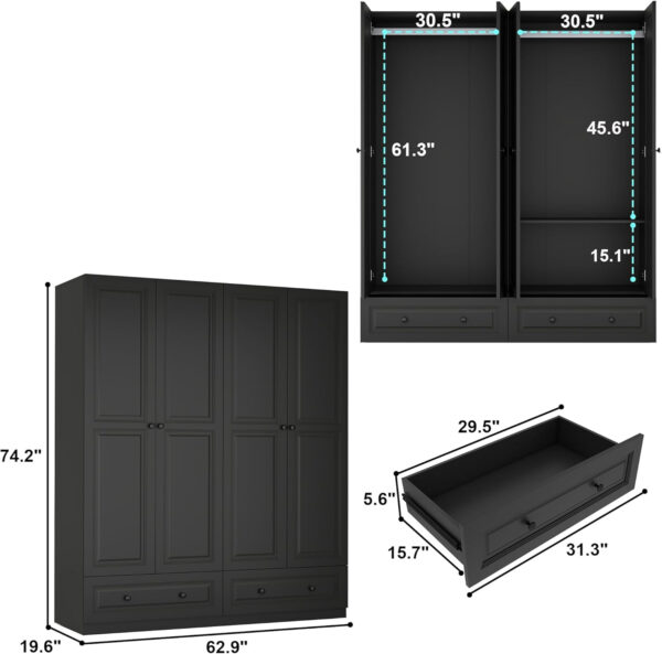688708ecf1027921e05d65bbe543463195e739bab7348c62bcbf6.jpg Black Armoire Wardrobe Closet with 2 Drawers: Bedroom Wardrobe Closet for Hanging Clothes, Wood Cabinet for Clothes with 4 Doors, Armoire with Shelves (Black, 63")