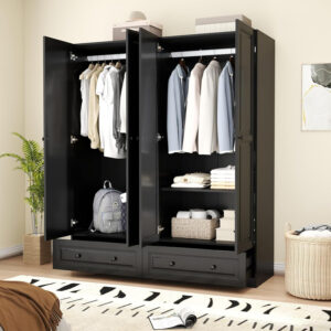688708ee181f769efa273b265736c38ee6d8ed0c5927c5031a832.jpg Black Armoire Wardrobe Closet with 2 Drawers: Bedroom Wardrobe Closet for Hanging Clothes, Wood Cabinet for Clothes with 4 Doors, Armoire with Shelves (Black, 63")