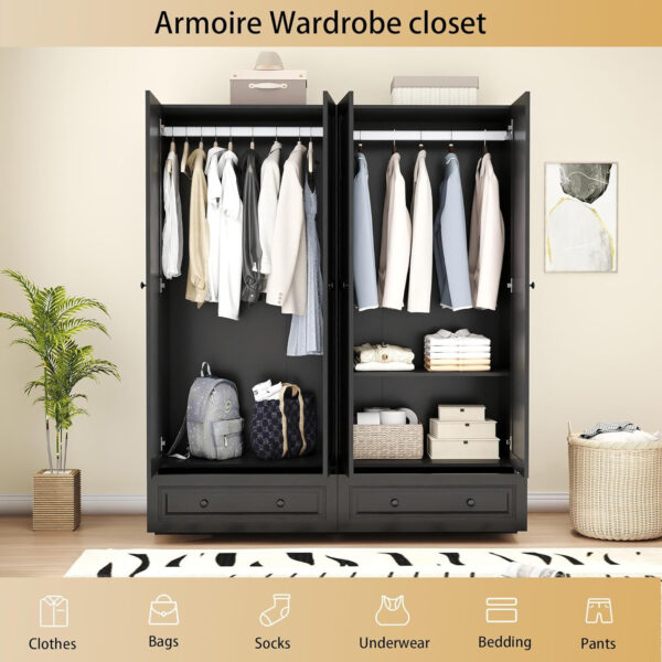 688708f02932210e62e9134fb2466cc1b7b36547657ab931446f4.jpg Black Armoire Wardrobe Closet with 2 Drawers: Bedroom Wardrobe Closet for Hanging Clothes, Wood Cabinet for Clothes with 4 Doors, Armoire with Shelves (Black, 63")