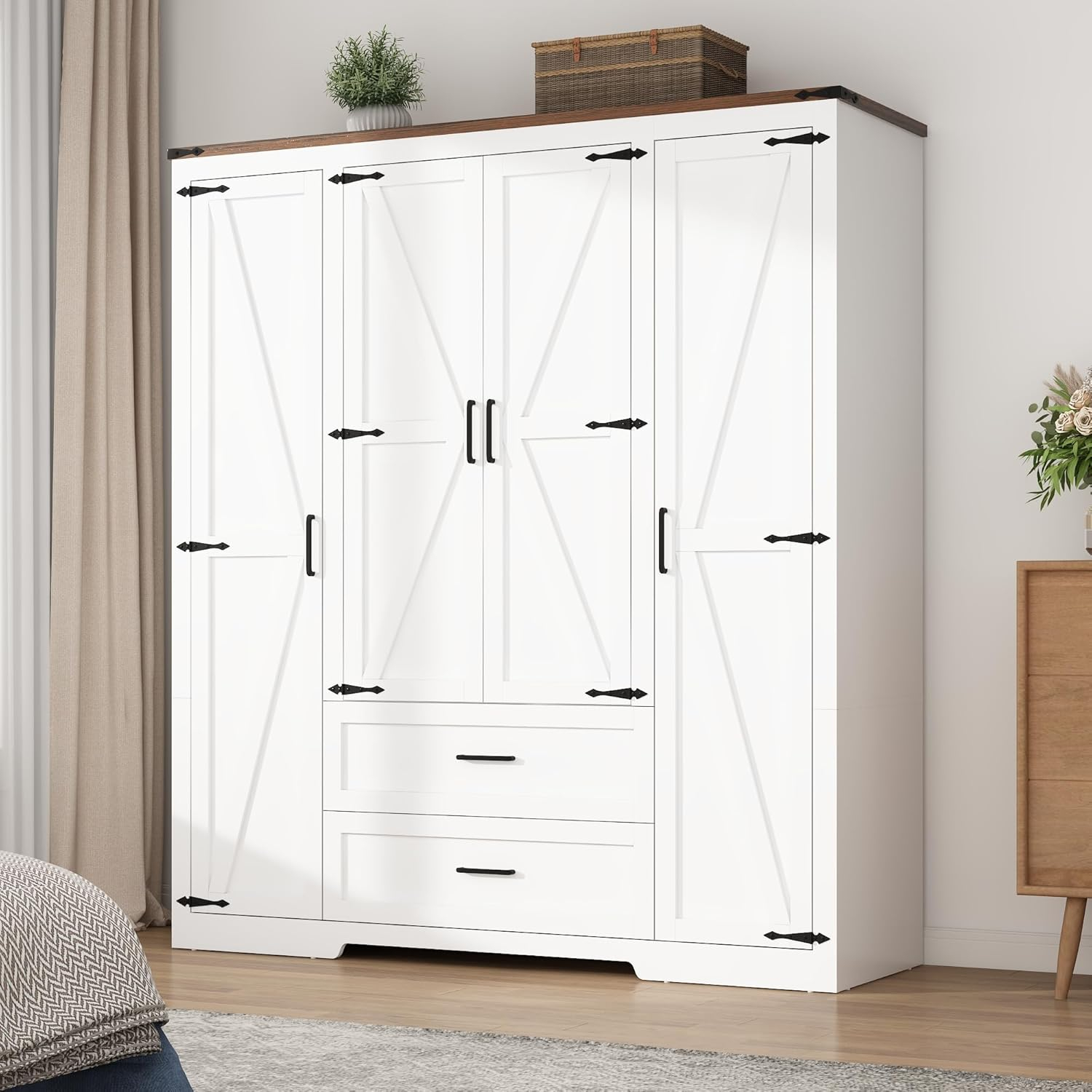 4 Doors Wardrobe Armoire Closet with Doors and Drawers, Farmhouse Wooden Armoire Storage Cabinet with Shelves & Hanging Rod for Bedroom, White