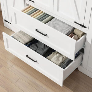 4 Doors Wardrobe Armoire Closet with Doors and Drawers, Farmhouse Wooden Armoire Storage Cabinet with Shelves & Hanging Rod for Bedroom, White