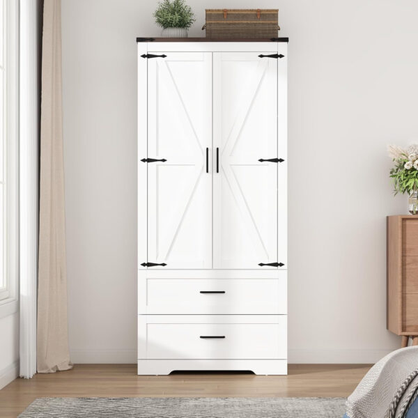 4 Doors Wardrobe Armoire Closet with Doors and Drawers, Farmhouse Wooden Armoire Storage Cabinet with Shelves & Hanging Rod for Bedroom, White