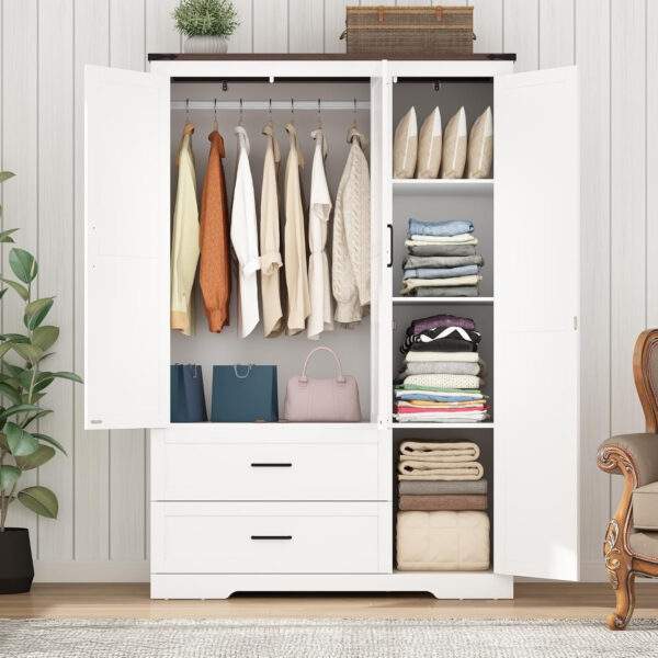 4 Doors Wardrobe Armoire Closet with Doors and Drawers, Farmhouse Wooden Armoire Storage Cabinet with Shelves & Hanging Rod for Bedroom, White