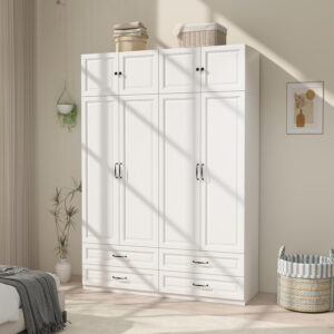 Modern Armoire Wardrobe Closet with 4 Drawers: 89" White Bedroom Wardrobe Cabinet with 4 Doors, Wood Armoire with Hanging Rod, Storage Armoires with Shelves (B, 63")