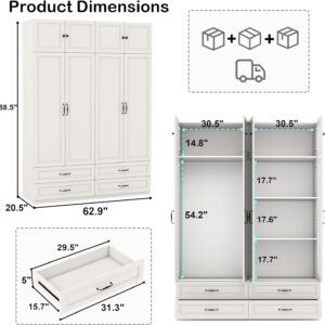 Modern Armoire Wardrobe Closet with 4 Drawers: 89" White Bedroom Wardrobe Cabinet with 4 Doors, Wood Armoire with Hanging Rod, Storage Armoires with Shelves (B, 63")