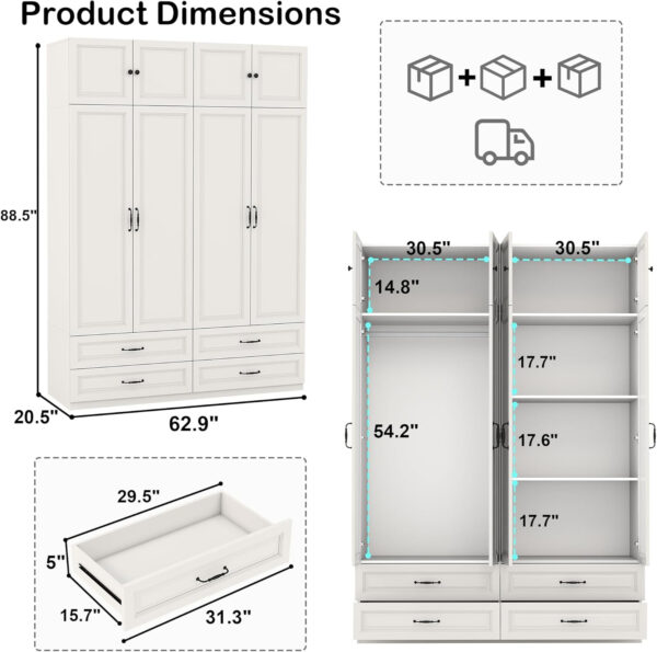 Modern Armoire Wardrobe Closet with 4 Drawers: 89" White Bedroom Wardrobe Cabinet with 4 Doors, Wood Armoire with Hanging Rod, Storage Armoires with Shelves (B, 63")