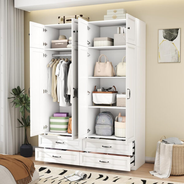 Modern Armoire Wardrobe Closet with 4 Drawers: 89" White Bedroom Wardrobe Cabinet with 4 Doors, Wood Armoire with Hanging Rod, Storage Armoires with Shelves (B, 63")