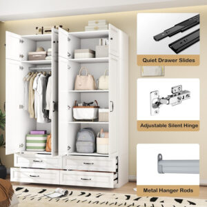 Modern Armoire Wardrobe Closet with 4 Drawers: 89" White Bedroom Wardrobe Cabinet with 4 Doors, Wood Armoire with Hanging Rod, Storage Armoires with Shelves (B, 63")