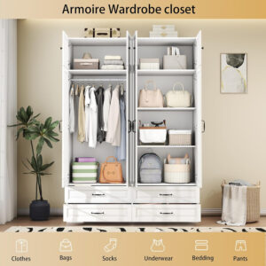 Modern Armoire Wardrobe Closet with 4 Drawers: 89" White Bedroom Wardrobe Cabinet with 4 Doors, Wood Armoire with Hanging Rod, Storage Armoires with Shelves (B, 63")