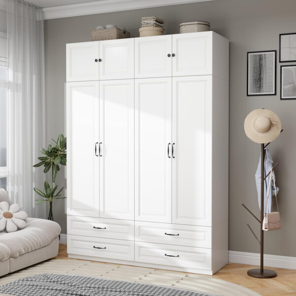 Modern Armoire Wardrobe Closet with 4 Drawers: 89" White Bedroom Wardrobe Cabinet with 4 Doors, Wood Armoire with Hanging Rod, Storage Armoires with Shelves (B, 63")