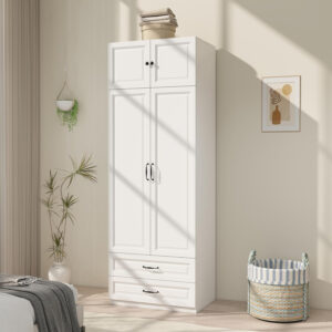 Modern Armoire Wardrobe Closet with 4 Drawers: 89" White Bedroom Wardrobe Cabinet with 4 Doors, Wood Armoire with Hanging Rod, Storage Armoires with Shelves (B, 63")