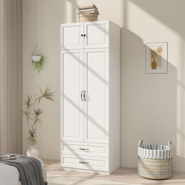 Modern Armoire Wardrobe Closet with 4 Drawers: 89" White Bedroom Wardrobe Cabinet with 4 Doors, Wood Armoire with Hanging Rod, Storage Armoires with Shelves (B, 63")