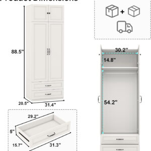 Modern Armoire Wardrobe Closet with 4 Drawers: 89" White Bedroom Wardrobe Cabinet with 4 Doors, Wood Armoire with Hanging Rod, Storage Armoires with Shelves (B, 63")