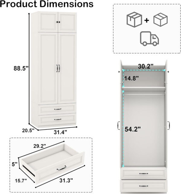 Modern Armoire Wardrobe Closet with 4 Drawers: 89" White Bedroom Wardrobe Cabinet with 4 Doors, Wood Armoire with Hanging Rod, Storage Armoires with Shelves (B, 63")