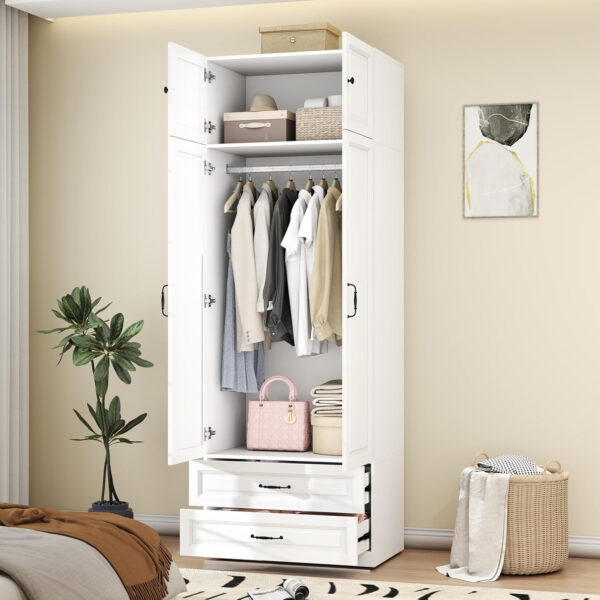 Modern Armoire Wardrobe Closet with 4 Drawers: 89" White Bedroom Wardrobe Cabinet with 4 Doors, Wood Armoire with Hanging Rod, Storage Armoires with Shelves (B, 63")