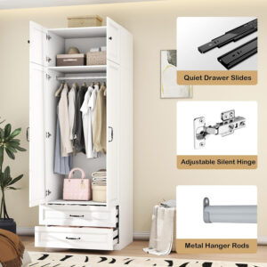 Modern Armoire Wardrobe Closet with 4 Drawers: 89" White Bedroom Wardrobe Cabinet with 4 Doors, Wood Armoire with Hanging Rod, Storage Armoires with Shelves (B, 63")