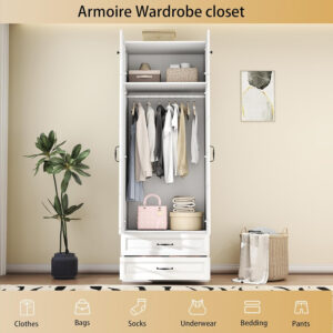 Modern Armoire Wardrobe Closet with 4 Drawers: 89" White Bedroom Wardrobe Cabinet with 4 Doors, Wood Armoire with Hanging Rod, Storage Armoires with Shelves (B, 63")