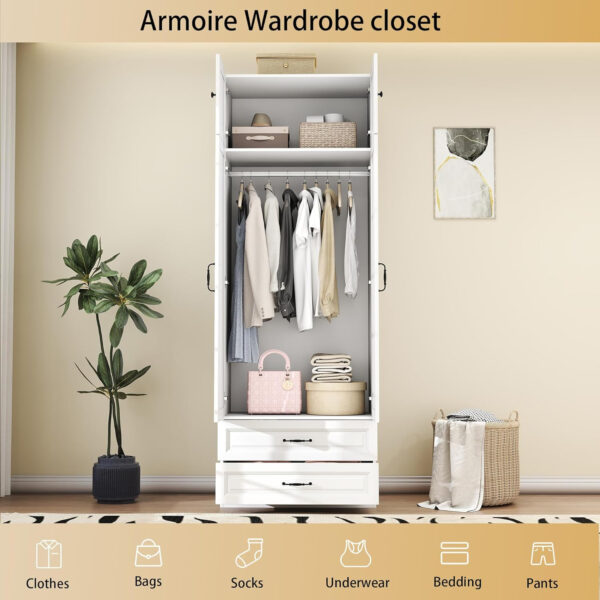 Modern Armoire Wardrobe Closet with 4 Drawers: 89" White Bedroom Wardrobe Cabinet with 4 Doors, Wood Armoire with Hanging Rod, Storage Armoires with Shelves (B, 63")