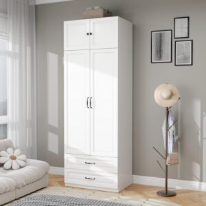 Modern Armoire Wardrobe Closet with 4 Drawers: 89" White Bedroom Wardrobe Cabinet with 4 Doors, Wood Armoire with Hanging Rod, Storage Armoires with Shelves (B, 63")