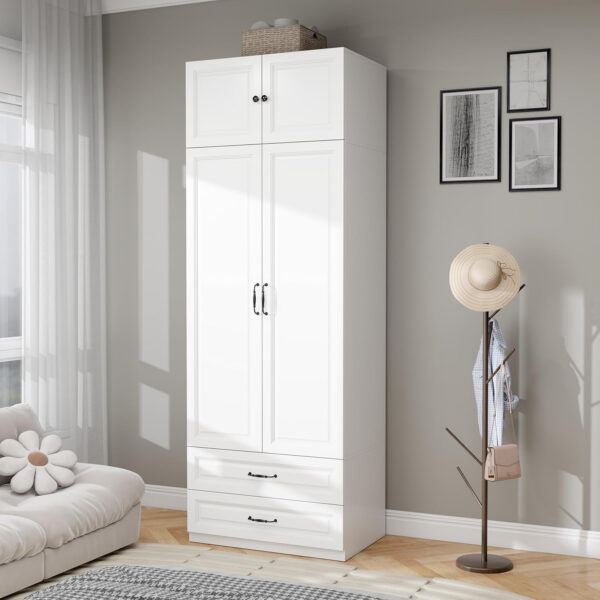 Modern Armoire Wardrobe Closet with 4 Drawers: 89" White Bedroom Wardrobe Cabinet with 4 Doors, Wood Armoire with Hanging Rod, Storage Armoires with Shelves (B, 63")