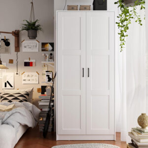 Fenghua Lizhi Wood White Wardrobe Closet with 2 Doors and 2 Drawers，Bedroom Freestanding Armoire Storage Cabinet with Shelves，Wooden Wardrobe Combination for Hanging Clothes (White 2 Drawers)