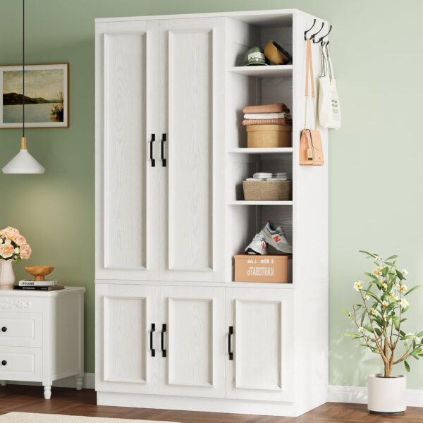 LIKIMIO Armoire Wardrobe Closet 70" H, 5 Doors Bedroom Wooden Wardrobe with 4 Storage Shelves and Hanging Rod, Clothing Storage Cabinet Organizer Combination, White