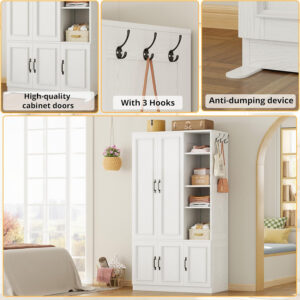 LIKIMIO Armoire Wardrobe Closet 70" H, 5 Doors Bedroom Wooden Wardrobe with 4 Storage Shelves and Hanging Rod, Clothing Storage Cabinet Organizer Combination, White