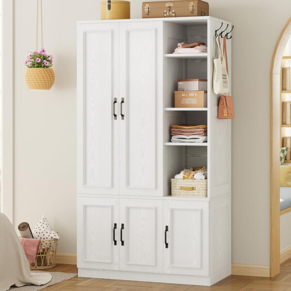 LIKIMIO Armoire Wardrobe Closet 70" H, 5 Doors Bedroom Wooden Wardrobe with 4 Storage Shelves and Hanging Rod, Clothing Storage Cabinet Organizer Combination, White