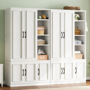 LIKIMIO Armoire Wardrobe Closet 70" H, 5 Doors Bedroom Wooden Wardrobe with 4 Storage Shelves and Hanging Rod, Clothing Storage Cabinet Organizer Combination, White