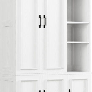 LIKIMIO Armoire Wardrobe Closet 70" H, 5 Doors Bedroom Wooden Wardrobe with 4 Storage Shelves and Hanging Rod, Clothing Storage Cabinet Organizer Combination, White