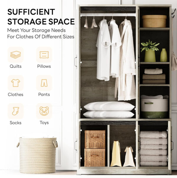 LIKIMIO Armoire Wardrobe Closet 70" H, 5 Doors Bedroom Wooden Wardrobe with 4 Storage Shelves and Hanging Rod, Clothing Storage Cabinet Organizer Combination, White
