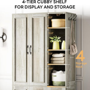 LIKIMIO Armoire Wardrobe Closet 70" H, 5 Doors Bedroom Wooden Wardrobe with 4 Storage Shelves and Hanging Rod, Clothing Storage Cabinet Organizer Combination, White