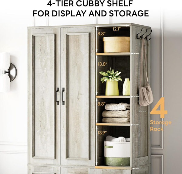 LIKIMIO Armoire Wardrobe Closet 70" H, 5 Doors Bedroom Wooden Wardrobe with 4 Storage Shelves and Hanging Rod, Clothing Storage Cabinet Organizer Combination, White