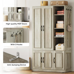 LIKIMIO Armoire Wardrobe Closet 70" H, 5 Doors Bedroom Wooden Wardrobe with 4 Storage Shelves and Hanging Rod, Clothing Storage Cabinet Organizer Combination, White