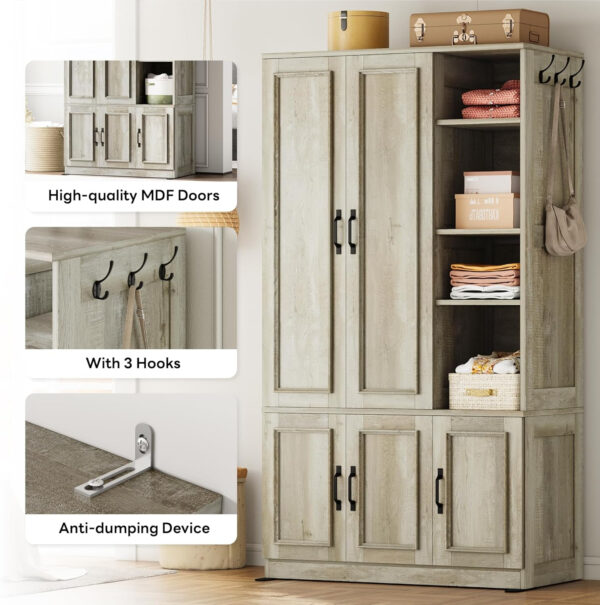 LIKIMIO Armoire Wardrobe Closet 70" H, 5 Doors Bedroom Wooden Wardrobe with 4 Storage Shelves and Hanging Rod, Clothing Storage Cabinet Organizer Combination, White