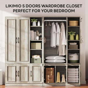 LIKIMIO Armoire Wardrobe Closet 70" H, 5 Doors Bedroom Wooden Wardrobe with 4 Storage Shelves and Hanging Rod, Clothing Storage Cabinet Organizer Combination, White