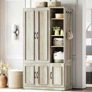 LIKIMIO Armoire Wardrobe Closet 70" H, 5 Doors Bedroom Wooden Wardrobe with 4 Storage Shelves and Hanging Rod, Clothing Storage Cabinet Organizer Combination, White