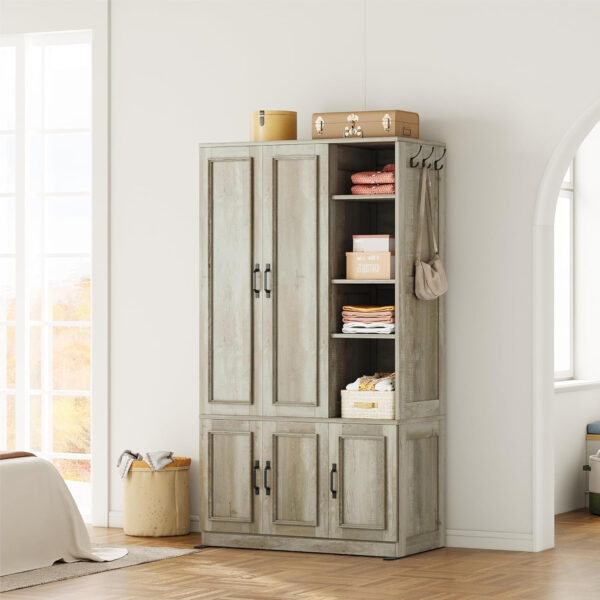 LIKIMIO Armoire Wardrobe Closet 70" H, 5 Doors Bedroom Wooden Wardrobe with 4 Storage Shelves and Hanging Rod, Clothing Storage Cabinet Organizer Combination, White